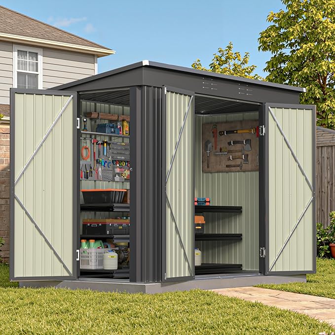 Patiowell 8x4 FT, Outdoor Storage Shed, Heavy Duty Tool Storage Sheds with 3 Lockable Doors and Updated Frame Structure for Backyard Patio Lawn, Black