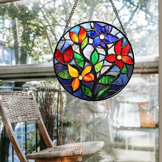 QZQCBLC Stained Glass Window Hanging Colorful Flowers and Leaves 6.3" - Suncatcher Door Garden Sun Catcher Home Decor Birthday Christmas Mother's Day for Mom Men Woman Nana Friend