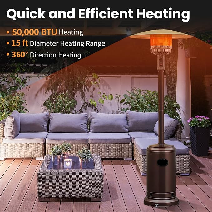 Tangkula 50,000 BTU Propane Outdoor Heater, Patio Heater with Stainless Steel Burner, Tip-over Protection and Wheels, Outdoor Heaters for Patio Commercial and Residential (Bronze)