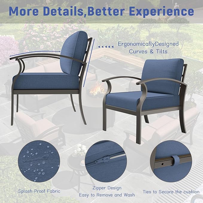Aluminum Patio Furniture Set with Round Fire Pit Table, 7 Seats Outdoor Conversation Sets Modern Metal Patio Sectional Sofa with Upgrade Cushions for Patio, Backyard Navy