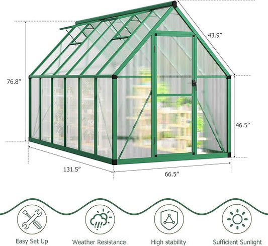 CABIHOME 6x11 FT Outdoor Greenhouse, Polycarbonate Greenhouse with Roof Vent and Ground Nails, Aluminum Large Walk-in Green House w/ Lockable Push Door for Outside Garden Backyard (Green, 6x11 FT)