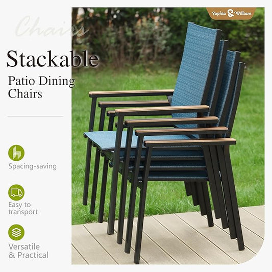 Sophia & William Patio Sets 5 Pieces, Lightweight Aluminum Dining Chairs with 42" Round Metal Dining Table, Stackable and Easy to Move for Lawn Garden Yard Porch (Blue)