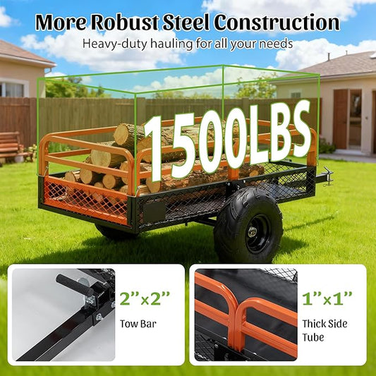 15 Cu Ft Tow-Behind Dump Cart, 1500 lbs Heavy-Duty Utility Wagon with Removable Sides and Dual Dump Controls for ATV, UTV & Lawn Tractor