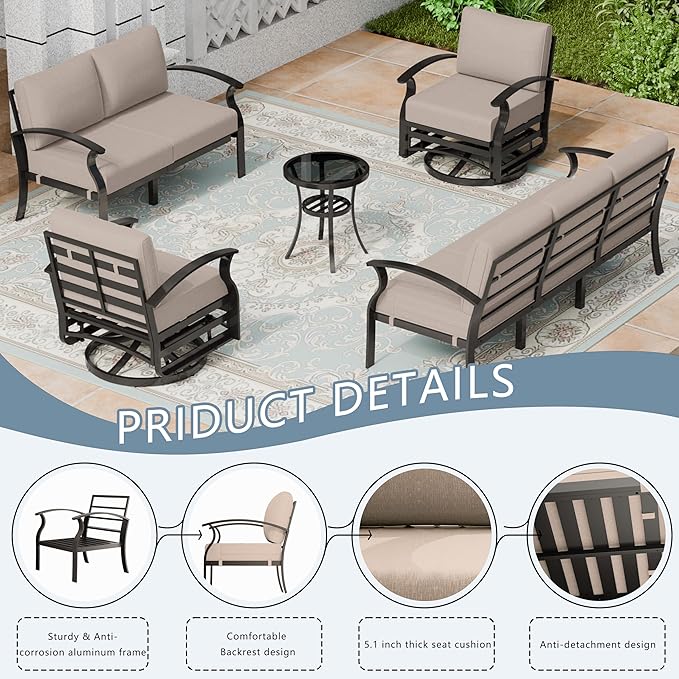 Aluminum Patio Furniture Set, 7 Seats Outdoor Patio Conversation Set with Swivel Chair Modern Metal Patio Sectional Sofa with Upgrade Cushions for Patio, Backyard Sand