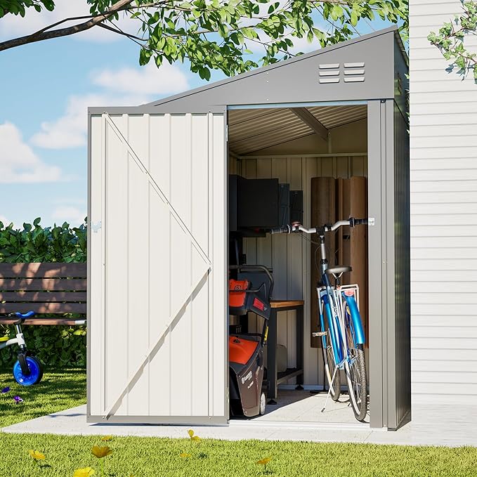 4x7 FT Outdoor Storage Shed Lean to Shed,Metal Shed W/Lockable Door & Air Vent,All Weather Waterproof Garden Tool House W/Reversible Installation,for Backyard,Patio,Lawn,Dark Gray