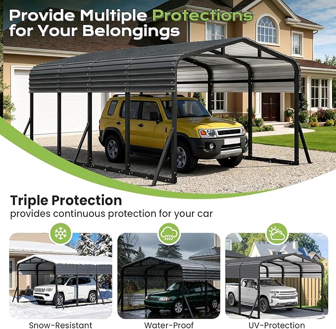 Heavy Duty Metal Carport Canopy, 12x20 FT Outdoor Car Port with Waterpoorf Metal Roof& Side Support Rods, Multi-Use Shelter Outdoor Garage for Car, Boats and Truck