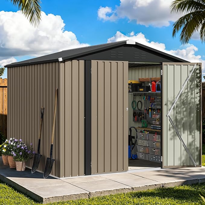 Patiowell 8x8 FT, Outdoor Storage Shed, Heavy Duty Tool Storage Sheds with Lockable Doors and Updated Frame Structure for Backyard Patio Lawn, Brown