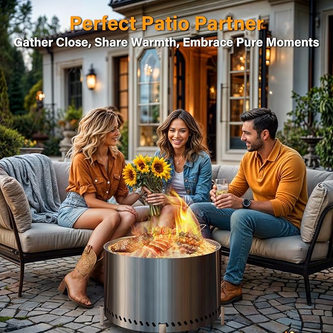 HGD 27.8" Smokeless Fire Pit Stove with Stand & Grill Rack, Large Stainless Steel Wood Burning Firepit for Outdoor Backyard Patio Garden BBQ Party