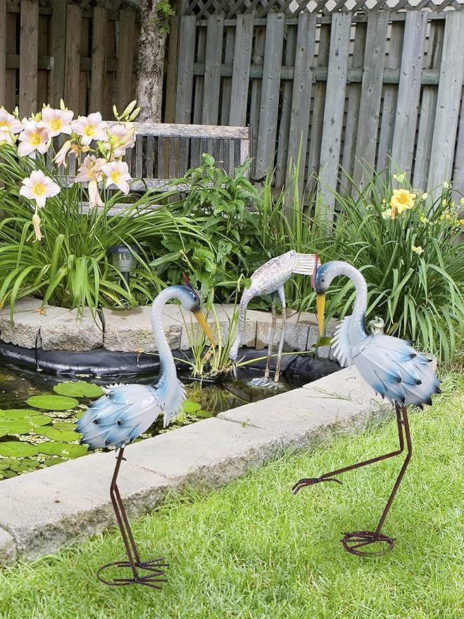 YEAHOME Garden Decor Outdoor Statues, 22"/20" Large Metal Heron Standing Yard Art, Blue Crane Lawn Sculptures Garden Decor for Outside Patio Porch Backyard, Set of 2