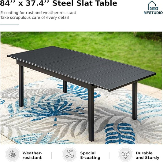 MFSTUDIO Outdoor Dining Sets for 6, Expandable Patio Table and Chairs Set, Patio Metal Rectangular Table & Swivel and Leg Chairs, Heavy Duty All Weather Dining Furniture for Deck, Backyard