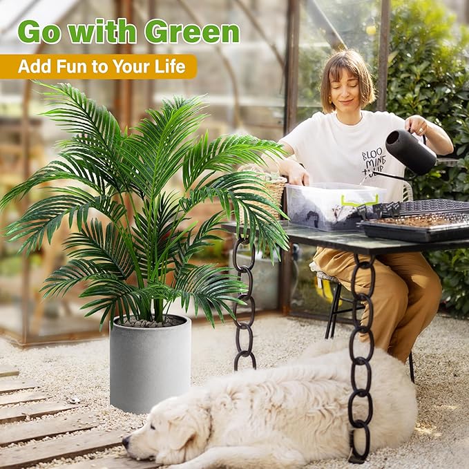 KOL 4ft Artificial Areca Palm Tree Plant, 47in Fake Cane Palm Silk Tree Indoor Outdoor, Dypsis Lutescens, Realistic Faux Silk Plants for Office Home Garden Decoration, Lifelike Modern Decor
