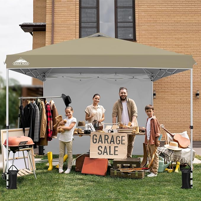 EAGLE PEAK Pop Up Canopy Tent with 1 Sidewall, Easy Setup Event Tent, Outdoor Sun Shade, Wheeled Carry Bag, Stakes and Guy Ropes, Instant Canopy 10x10, Light Beige