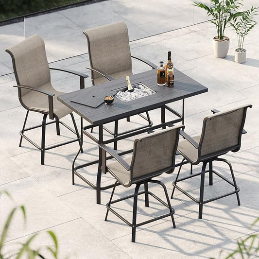 Grand patio 5-Piece Counter Height Patio Bar Set, Swivel Bar Stools and Faux Wood Grain Dining Table with Ice Bucket for Outdoor Kitchen Bistro Small Space Restaurant, Coffee