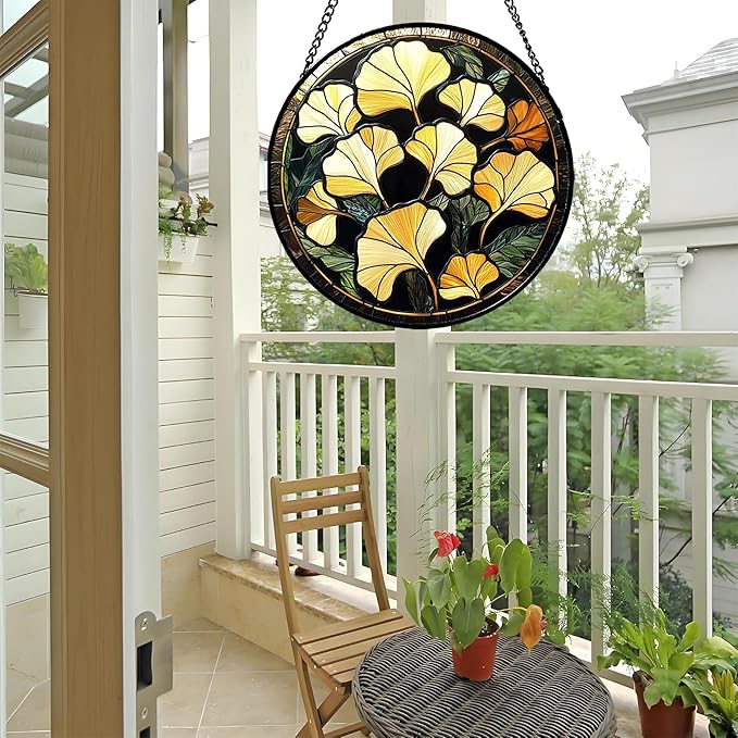 CRISGIF Stained Glass Window Hanging - Ginkgo Leaf Suncatcher for Doors Garden Patio Retro Fall Decor Sun Catchers Christmas Mother's Day Birthday Gifts for Women Men Mom Nana Friend 15 in