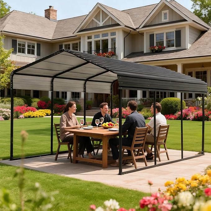 Big RED 10X15FT Metal Carport, Heavy Duty Steel Carport, Portable Garage with Enhanced Metal Frame, Outdoor Car Shelter for Car and Tractors