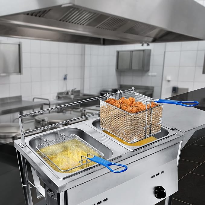 FOODIZIO Silver Deep Fryer with Thermometer, Propane Deep Fryer with 2 Stainless Steel Baskets & Lids, Adjustable Temperature with Regulating Knobs