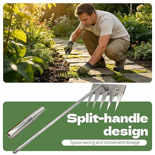 2Pcs Weed Puller Tool, 2026 Portable Manual Weeding Tools Gardening, 5 Teeth Head Stainless Steel Hand Garden Weeding Rake, Weed Remover Tool for Gardening Backyard Yard Farm Planting Weeding