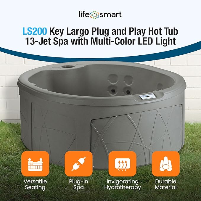 LifeSmart 4-Person Outdoor Hot Tub with Cover, LED Lights & Accessories – Circular Above-Ground Spa in Taupe