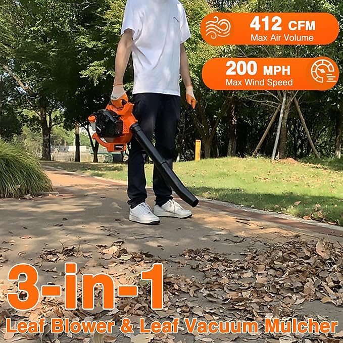 PROYAMA Gas Powered Leaf Blower, 3-in-1 26cc 2-Cycle Handheld Leaf Blower & Leaf Vacuum Mulcher, 412 CFM 200 MPH Cordless Blower with 10 Gallon Collection Bag for Lawn Yard Blowing Snow Dust Debris