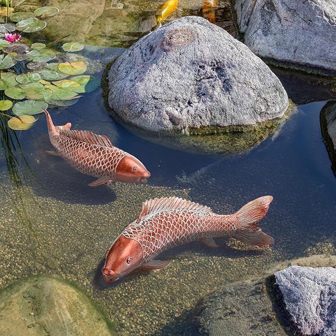 Wosuine Garden Statues Koi Fish Decor Outdoor Garden Fish Statues, Set of 2 Antique Copper Koi Art Sculptures for Patio, Backyard, Pond and Home Decor, Best Gardening Gifts for Women Mom