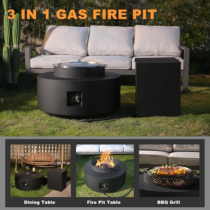 3-Piece Outdoor Fire Pit Table, 32 Inch Propane Fire Table 65,000 BTU Black Round Gas Firepit, Baking Sheet, Wind Guard and 16 inches Tank Side Table for Deck, Backyard and Pool, Black