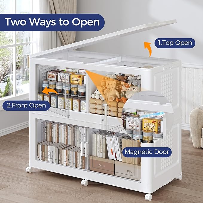 120GAL Storage Bins with Lid and Wheels, Stackable Closet Organizers and Storage Drawer, Collapsible Storages Box with Dividers, Foldable Plastic Cabinet for Room, Kitchen, 3 Pack White