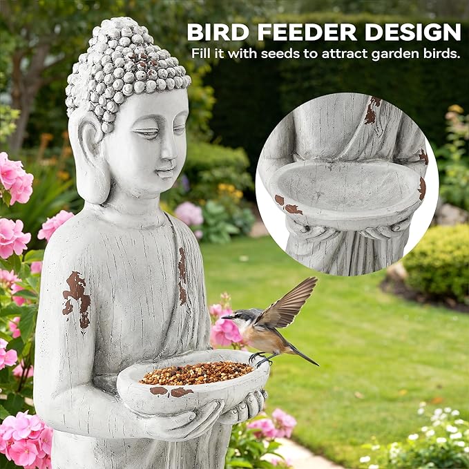 Ultym 42" Extra-Large Buddha Outdoor Statue with Birdfeeder, Tall Zen Medtative Buddha Figures, Durable Weatherproof MGO Sculpture for Garden, Patio, Yard, Porch or Indoor Home Decor