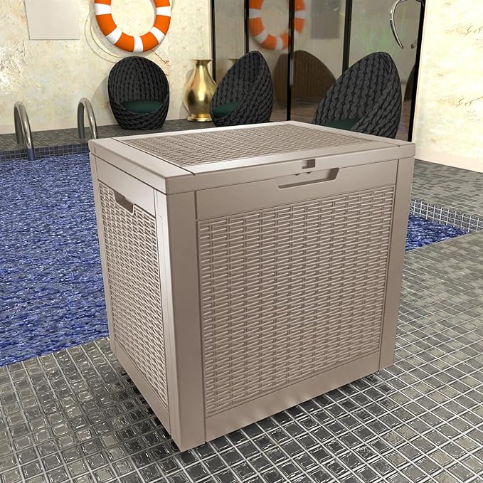 31 Gallon Deck Box Large Outdoor Storage for Patio Furniture,Outdoor Cushions,Garden Tools and Pool Supplies,Waterproof,Resin,Lockable(Grey)
