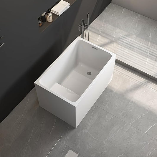 43-Inch Acrylic Freestanding Tub, Rectangular Spacious Soaking Tub, Gloss White Finish, Chrome Overflow & Pop-Up Drain