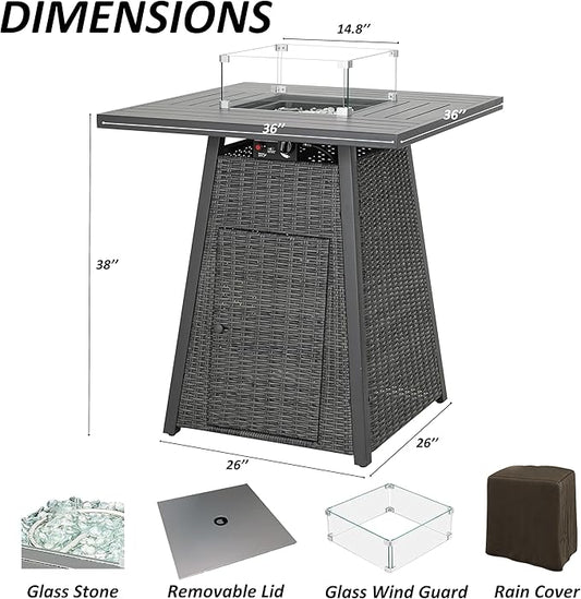 38" Outdoor Propane Fire Pit Table, 50000 BTU Gas Fire Table with Premium Metal Tabletop, Wicker Fire Pit w Rain Cover and Glass Wind Guard for Backyard,Garden,Patio