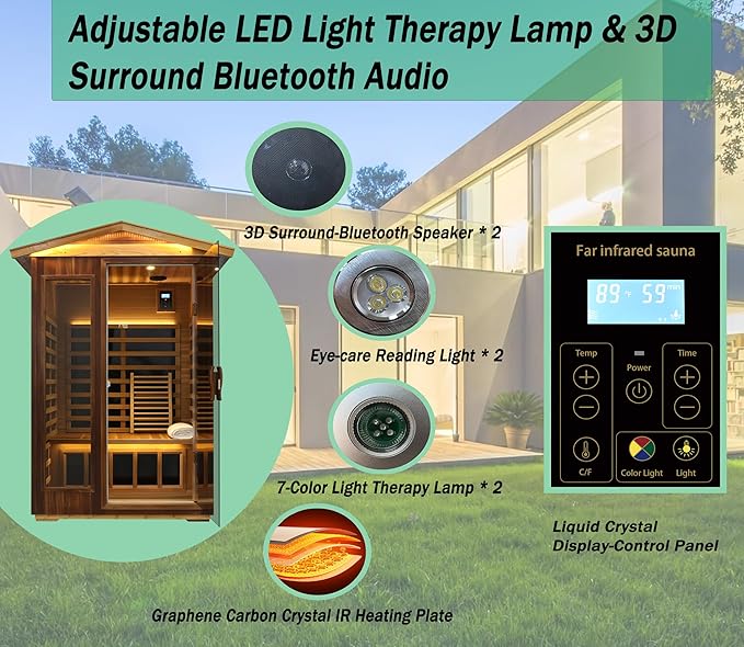 LTCCDSS Ultra-Low EMF Red Cedar Sauna 2-Person, Outdoor Far Infrared Sauna for Home, EMF 0.1-1mG, 6 Carbon Crystal Heaters, Bluetooth & Chromotherapy (57.8 * 40.5 * 81.1 inch)