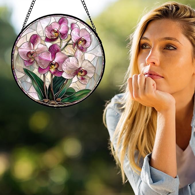 AMDERVEN Stained Glass Window Hanging - Pink Purple Phalaenopsis Flowers Sun Catcher for Door Home Decor Plant Suncatcher Christmas Mother's Day Birthday Gifts for Women Men Mom Nana 11.8 in
