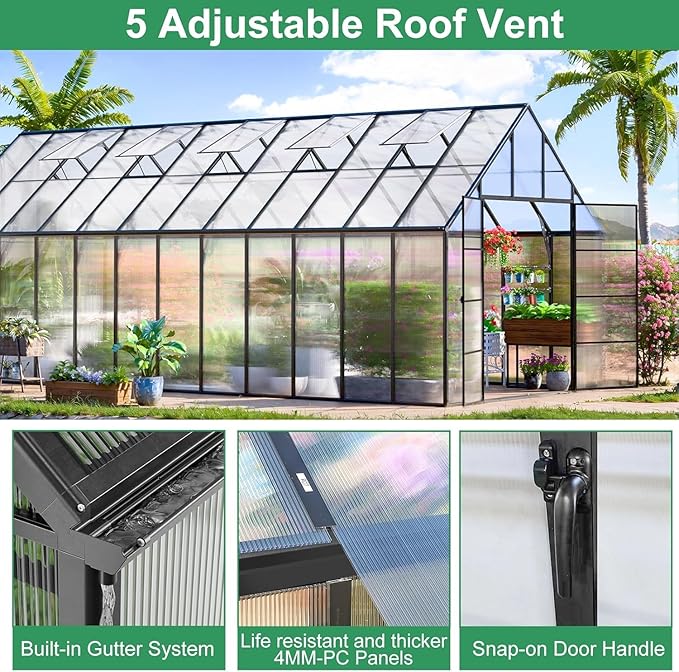 CDCASA 10x24 FT Greenhouse for Outdoors,Large Easy Assembly Thicker Aluminum Polycarbonate Greenhouses with 5 Windows, Double Door,Outside Walk-in Green House for Patio, Backyard,Garden