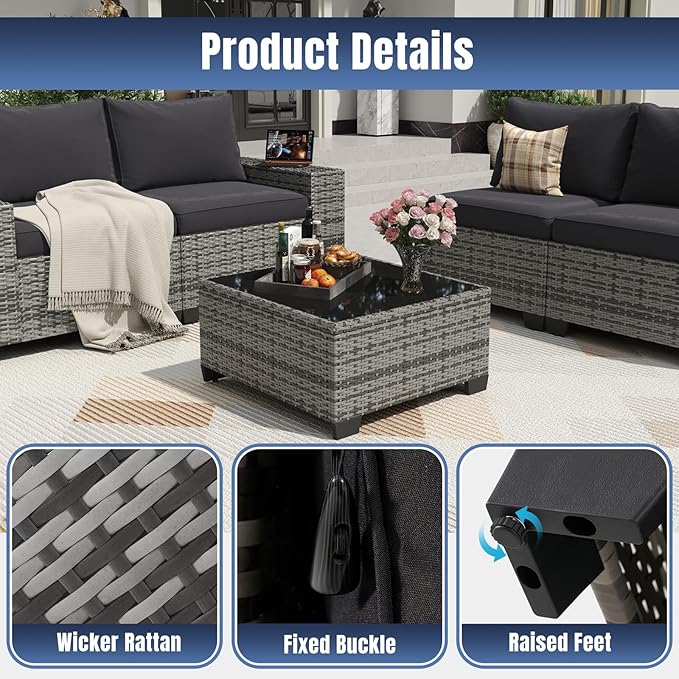 Aoxun 7 Pieces Patio Furniture Set with 44” Fire Pit Table Wicker Rattan Outdoor Sectional Conversation Set with Coffee Table and 4” Thickened Cushions, Gray/Black(Waterproof Cover Included)