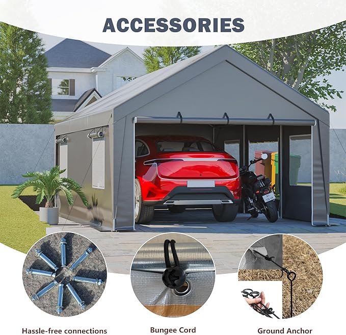 13x20 FT Canopy with 2 Roll-Up Doors,Waterproof Party Tent w/Steel Frame & Ventilation Windows,Carport & Storage Shelter for Vehicle,Car,Grey