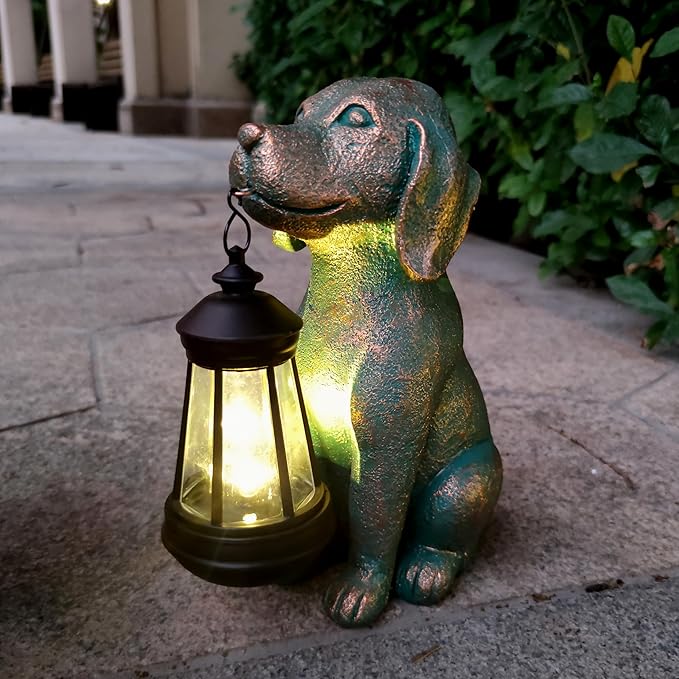 RCTTICUU Dog Garden Statue Outdoor Décor with Solar Lights Lantern,Dog Solar Light Figurines Outside Decorations for Yard，Lawn ,Patio, Balcony, Unique Housewarming Gifts