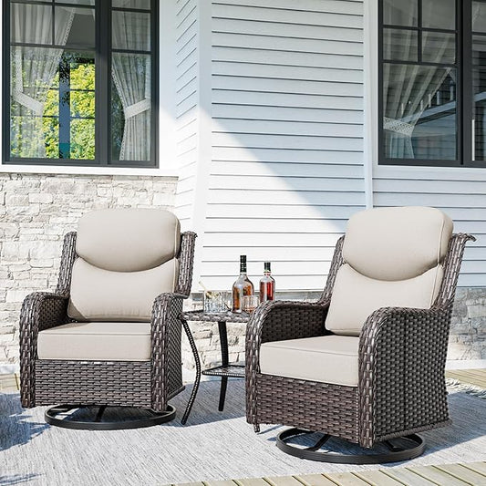 Patio Swivel Chairs Set of 2 and Side Table, Outdoor Swivel Rocker Patio Chairs with High Back and Thick Cushions, Wicker Patio Furniture Set for Porch, Deck Use (Beige, 3 PCS)