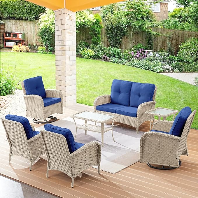 Belord Patio Conversation Sets Wicker Furniture, 7 PCS Outdoor Swivel Rocker Furniture Set for Patio Deck Poolside, 2 Swivel Rockers 2 Club Chairs 2 Rattan Tables 1 Loveseat Included, Blue Cushion