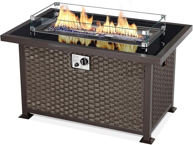 U-MAX 44in Outdoor Propane Gas Fire Pit Table, 50,000 BTU Auto-Ignition Gas Firepit with Glass Wind Guard, Black Tempered Glass Tabletop & Blue Glass Rock, Brown PE Rattan, CSA Certification
