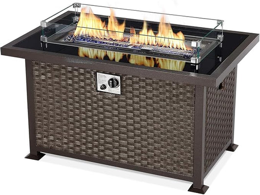 U-MAX 44in Outdoor Propane Gas Fire Pit Table, 50,000 BTU Auto-Ignition Gas Firepit with Glass Wind Guard, Black Tempered Glass Tabletop & Blue Glass Rock, Brown PE Rattan, CSA Certification