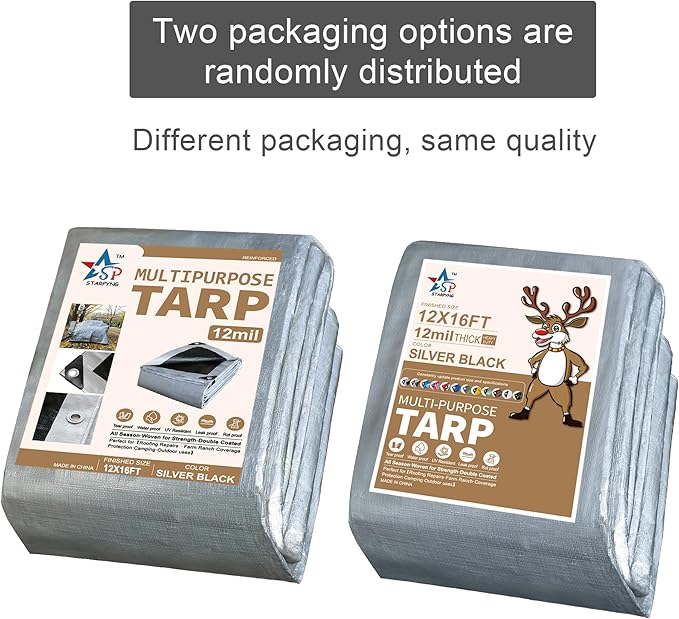 STARPYNG-12 Mil Silver/Black 12x16 Feet Tarp-Heavy Duty Poly Tarp-Cover,Waterproof, UV Resistant, Weather Resistant, Cover Cars, Boats, Courtyards,Camping