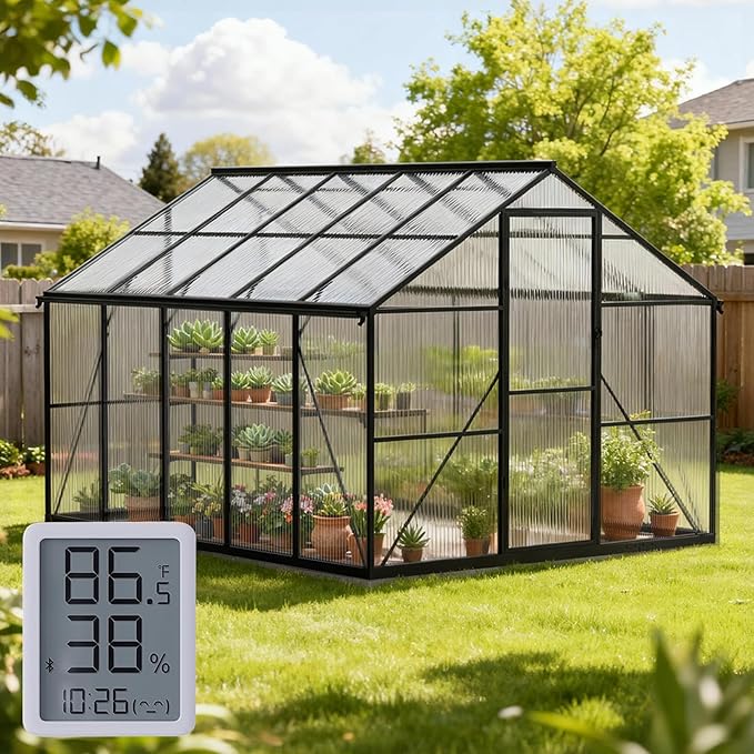 8X10 FT Greenhouse for Outdoors with Thermometers, Polycarbonate Walk-in Green House for Outside, Reinforced Aluminum Frame Greenhouses, Heavy Duty Garden, Patio, Backyard Flower Planting