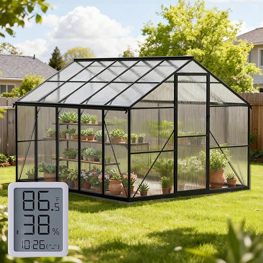 8X10 FT Greenhouse for Outdoors with Thermometers, Polycarbonate Walk-in Green House for Outside, Reinforced Aluminum Frame Greenhouses, Heavy Duty Garden, Patio, Backyard Flower Planting
