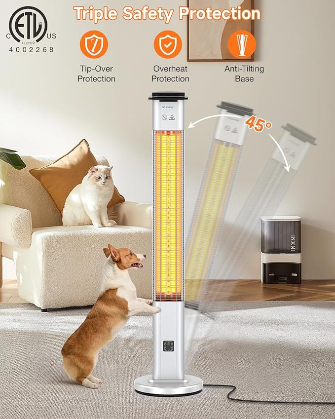 Electric Heater for Patio, 48.5" Large Standing Premium Space Heater IP65 Waterproofed for Indoor or Outdoor Use,1500W with 9 Hours Timer