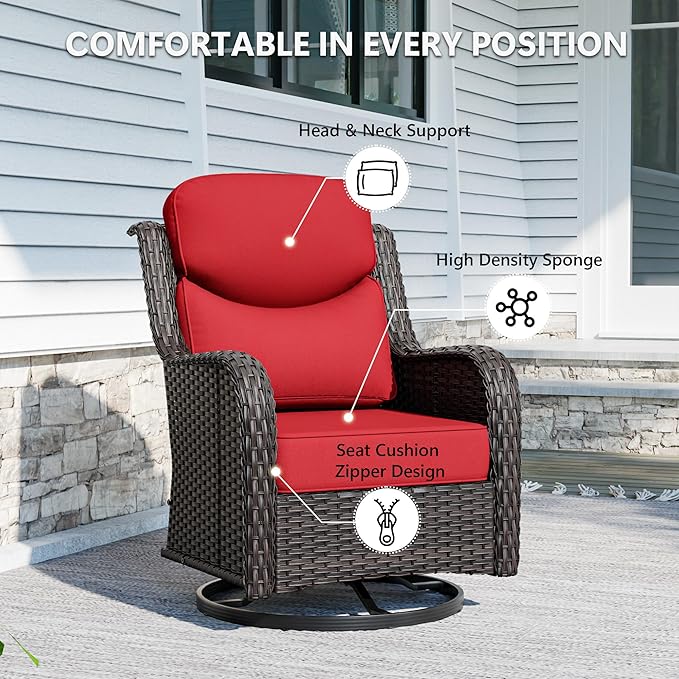 Patio Swivel Chairs Set of 2 and Side Table, Outdoor Swivel Rocker Patio Chairs with High Back and Thick Cushions, Wicker Patio Furniture Set for Porch, Deck Use (Red, 3 PCS)