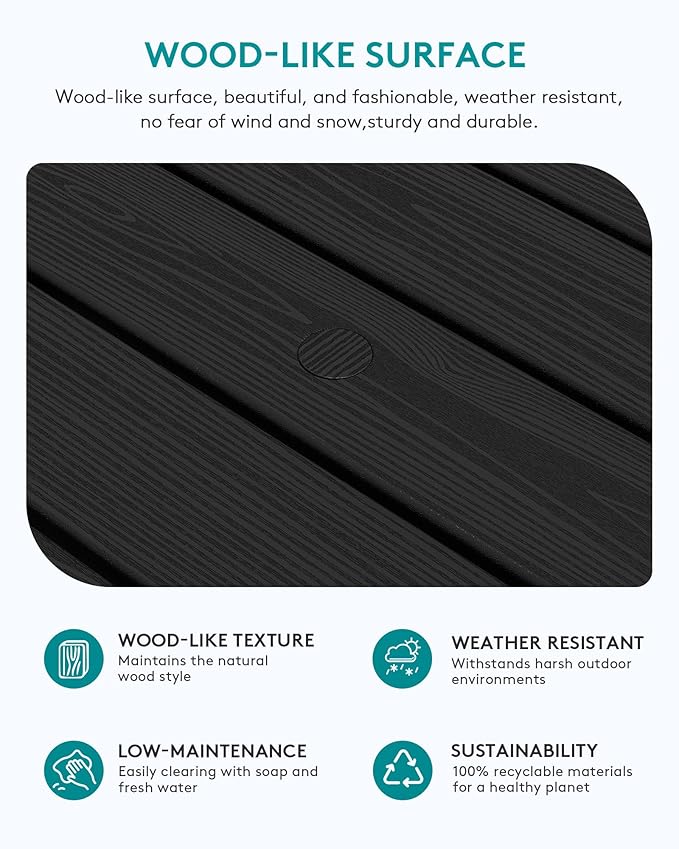 SERWALL Outdoor Coffee Table with 1.69" Umbrella Hole, HDPE Patio Coffee Table for Outside, Rectangle, Black