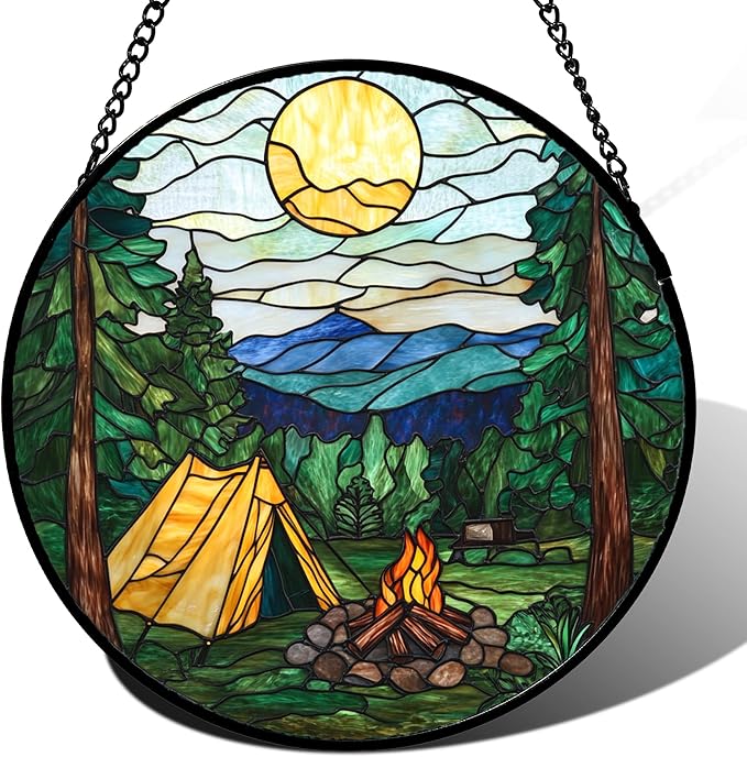 QZQCBLC Stained Glass Window Hanging Yellow Tent Forest Scenery 7.8" - Sunset Suncatcher Door Garden Sun Catcher Home Decor Birthday Christmas for Mom Men Woman Nana Friend