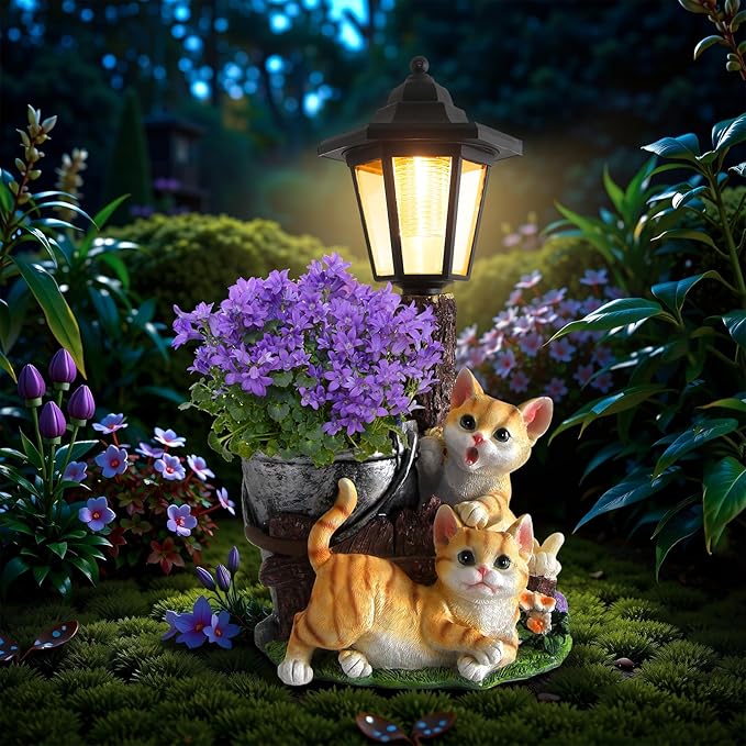 YEPOTUE Solar Cat Outdoor Statues, Garden Sculptures with Flowerpot Decor & Solar Lantern for Yard Art Lawn Ornaments Porch Patio Balcony - Idea Gifts for Women Mom Grandma