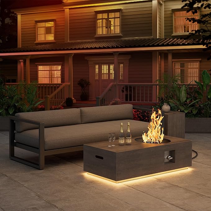 48" Patio Propane Fire Pit Table with Round Burner – 50,000 BTU Fire Pit Table with Lid, Rocks, Cover and Tank Storage – Large Modern Outdoor Deck Heater Table (Grey/Golden Light, 48" LED)