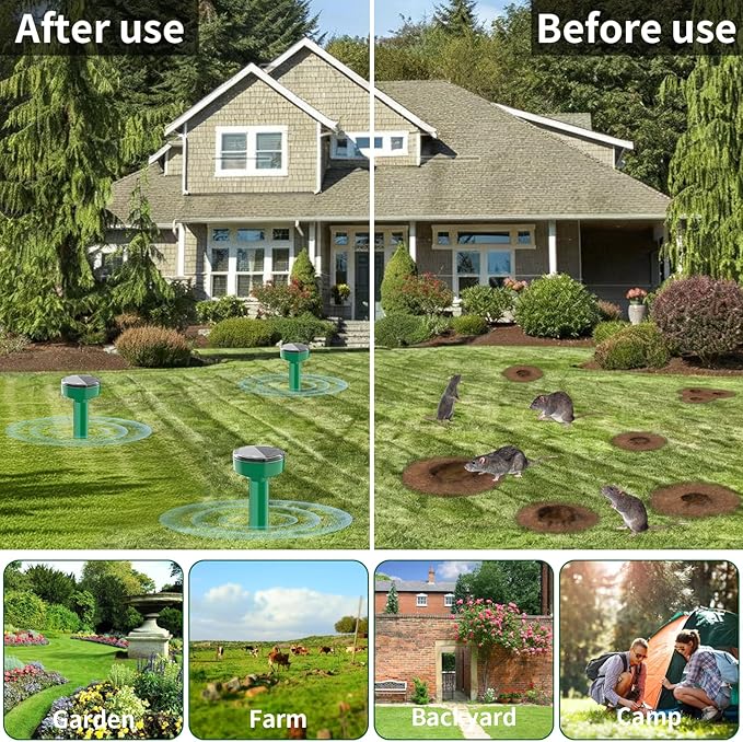 Mole Repellent Ultrasonic Solar Powered 8 Pack Waterproof Outdoor Vole Chipmunk Gopher Groundhog Repeller Snake Rodent Sonic Spikes Deterrent Outdoor Mole Deterrent for Yard (8)